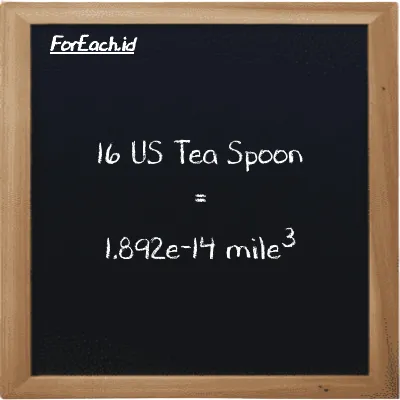 16 US Tea Spoon is equivalent to 1.892e-14 mile<sup>3</sup> (16 tsp is equivalent to 1.892e-14 mi<sup>3</sup>)