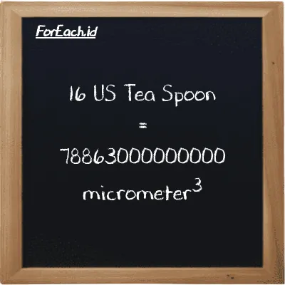 16 US Tea Spoon is equivalent to 78863000000000 micrometer<sup>3</sup> (16 tsp is equivalent to 78863000000000 µm<sup>3</sup>)