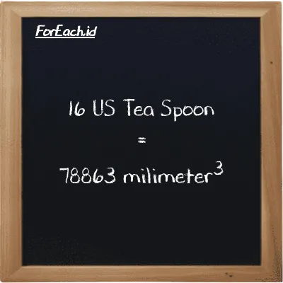 16 US Tea Spoon is equivalent to 78863 millimeter<sup>3</sup> (16 tsp is equivalent to 78863 mm<sup>3</sup>)