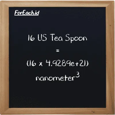 How to convert US Tea Spoon to nanometer<sup>3</sup>: 16 US Tea Spoon (tsp) is equivalent to 16 times 4.9289e+21 nanometer<sup>3</sup> (nm<sup>3</sup>)