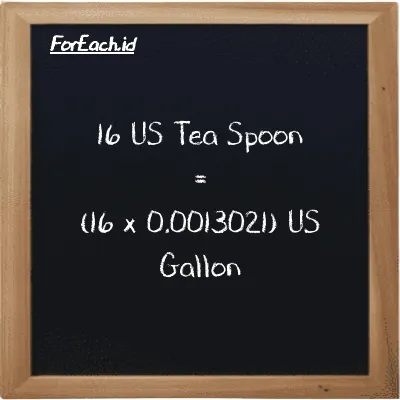 How to convert US Tea Spoon to US Gallon: 16 US Tea Spoon (tsp) is equivalent to 16 times 0.0013021 US Gallon (gal)