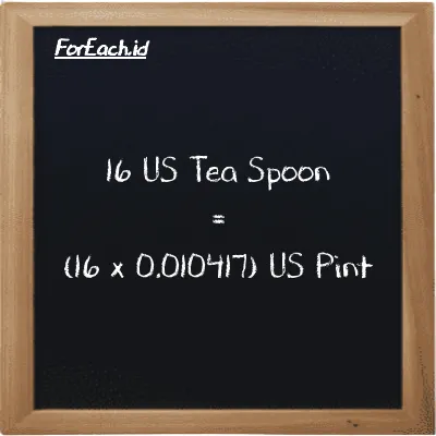 How to convert US Tea Spoon to US Pint: 16 US Tea Spoon (tsp) is equivalent to 16 times 0.010417 US Pint (pt)