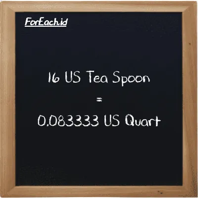 16 US Tea Spoon is equivalent to 0.083333 US Quart (16 tsp is equivalent to 0.083333 qt)