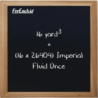 How to convert yard<sup>3</sup> to Imperial Fluid Once: 16 yard<sup>3</sup> (yd<sup>3</sup>) is equivalent to 16 times 26909 Imperial Fluid Once (imp fl oz)