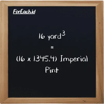 How to convert yard<sup>3</sup> to Imperial Pint: 16 yard<sup>3</sup> (yd<sup>3</sup>) is equivalent to 16 times 1345.4 Imperial Pint (imp pt)
