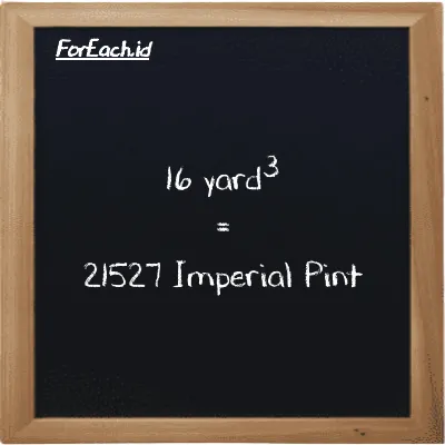 16 yard<sup>3</sup> is equivalent to 21527 Imperial Pint (16 yd<sup>3</sup> is equivalent to 21527 imp pt)