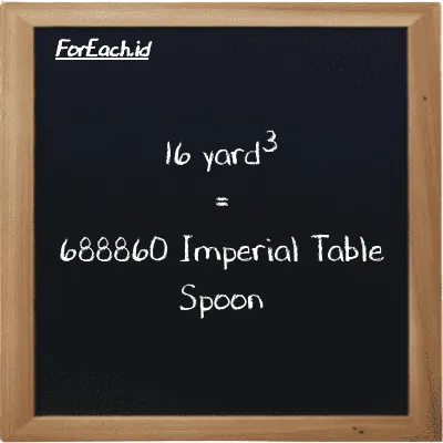 16 yard<sup>3</sup> is equivalent to 688860 Imperial Table Spoon (16 yd<sup>3</sup> is equivalent to 688860 imp tbsp)