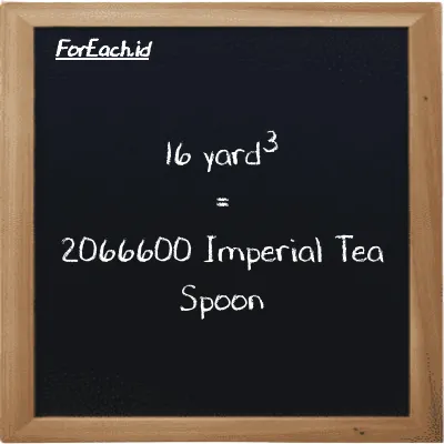 16 yard<sup>3</sup> is equivalent to 2066600 Imperial Tea Spoon (16 yd<sup>3</sup> is equivalent to 2066600 imp tsp)
