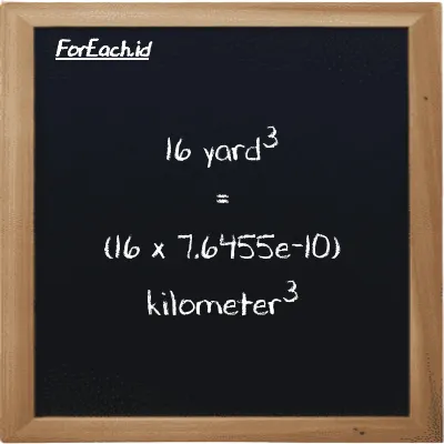 How to convert yard<sup>3</sup> to kilometer<sup>3</sup>: 16 yard<sup>3</sup> (yd<sup>3</sup>) is equivalent to 16 times 7.6455e-10 kilometer<sup>3</sup> (km<sup>3</sup>)