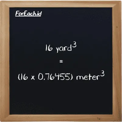 How to convert yard<sup>3</sup> to meter<sup>3</sup>: 16 yard<sup>3</sup> (yd<sup>3</sup>) is equivalent to 16 times 0.76455 meter<sup>3</sup> (m<sup>3</sup>)