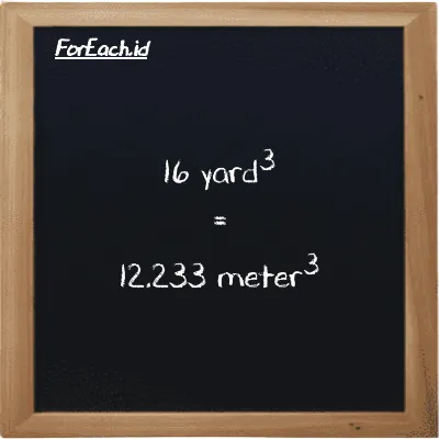 16 yard<sup>3</sup> is equivalent to 12.233 meter<sup>3</sup> (16 yd<sup>3</sup> is equivalent to 12.233 m<sup>3</sup>)