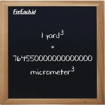 1 yard<sup>3</sup> is equivalent to 764550000000000000 micrometer<sup>3</sup> (1 yd<sup>3</sup> is equivalent to 764550000000000000 µm<sup>3</sup>)