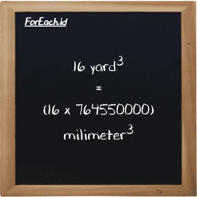 How to convert yard<sup>3</sup> to millimeter<sup>3</sup>: 16 yard<sup>3</sup> (yd<sup>3</sup>) is equivalent to 16 times 764550000 millimeter<sup>3</sup> (mm<sup>3</sup>)
