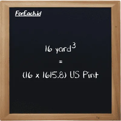 How to convert yard<sup>3</sup> to US Pint: 16 yard<sup>3</sup> (yd<sup>3</sup>) is equivalent to 16 times 1615.8 US Pint (pt)