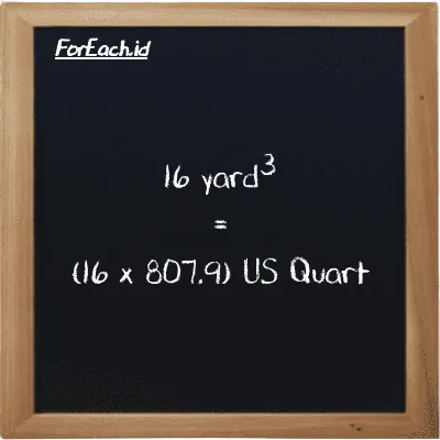 How to convert yard<sup>3</sup> to US Quart: 16 yard<sup>3</sup> (yd<sup>3</sup>) is equivalent to 16 times 807.9 US Quart (qt)