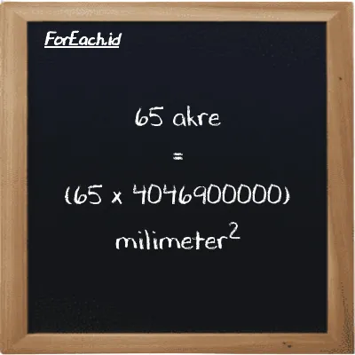 Cara konversi akre ke milimeter<sup>2</sup> (ac ke mm<sup>2</sup>): 65 akre (ac) setara dengan 65 dikalikan dengan 4046900000 milimeter<sup>2</sup> (mm<sup>2</sup>)