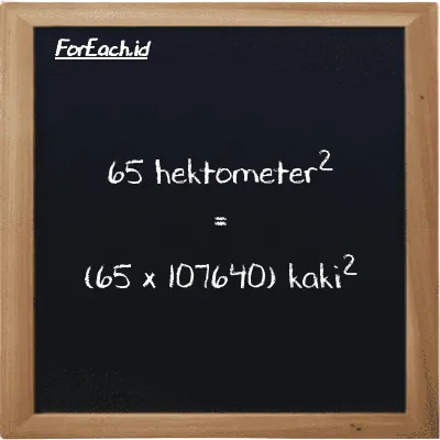 Cara konversi hektometer<sup>2</sup> ke kaki<sup>2</sup> (hm<sup>2</sup> ke ft<sup>2</sup>): 65 hektometer<sup>2</sup> (hm<sup>2</sup>) setara dengan 65 dikalikan dengan 107640 kaki<sup>2</sup> (ft<sup>2</sup>)