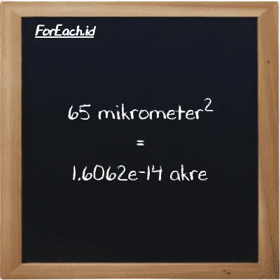 65 mikrometer<sup>2</sup> setara dengan 1.6062e-14 akre (65 µm<sup>2</sup> setara dengan 1.6062e-14 ac)