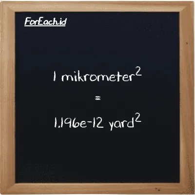 1 mikrometer<sup>2</sup> setara dengan 1.196e-12 yard<sup>2</sup> (1 µm<sup>2</sup> setara dengan 1.196e-12 yd<sup>2</sup>)