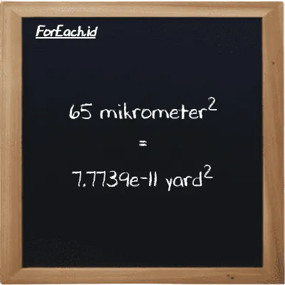 65 mikrometer<sup>2</sup> setara dengan 7.7739e-11 yard<sup>2</sup> (65 µm<sup>2</sup> setara dengan 7.7739e-11 yd<sup>2</sup>)