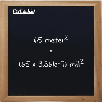 Cara konversi meter<sup>2</sup> ke mil<sup>2</sup> (m<sup>2</sup> ke mi<sup>2</sup>): 65 meter<sup>2</sup> (m<sup>2</sup>) setara dengan 65 dikalikan dengan 3.861e-7 mil<sup>2</sup> (mi<sup>2</sup>)