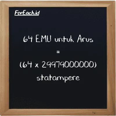 Cara konversi EMU untuk Arus ke statampere (emu ke statA): 64 EMU untuk Arus (emu) setara dengan 64 dikalikan dengan 29979000000 statampere (statA)