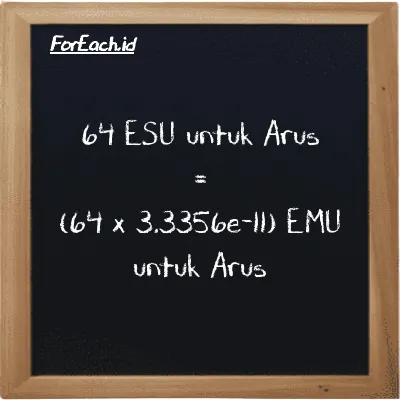 Cara konversi ESU untuk Arus ke EMU untuk Arus (esu ke emu): 64 ESU untuk Arus (esu) setara dengan 64 dikalikan dengan 3.3356e-11 EMU untuk Arus (emu)