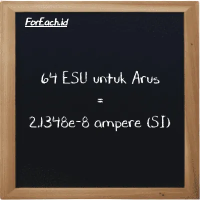 64 ESU untuk Arus setara dengan 2.1348e-8 ampere (64 esu setara dengan 2.1348e-8 A)