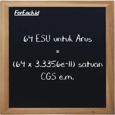 Cara konversi ESU untuk Arus ke satuan CGS e.m. (esu ke cgs-emu): 64 ESU untuk Arus (esu) setara dengan 64 dikalikan dengan 3.3356e-11 satuan CGS e.m. (cgs-emu)