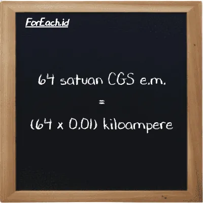 Cara konversi satuan CGS e.m. ke kiloampere (cgs-emu ke kA): 64 satuan CGS e.m. (cgs-emu) setara dengan 64 dikalikan dengan 0.01 kiloampere (kA)