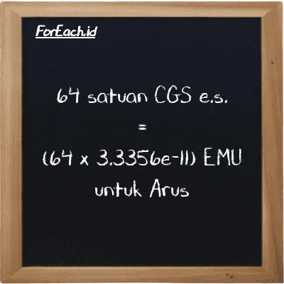 Cara konversi satuan CGS e.s. ke EMU untuk Arus (cgs-esu ke emu): 64 satuan CGS e.s. (cgs-esu) setara dengan 64 dikalikan dengan 3.3356e-11 EMU untuk Arus (emu)