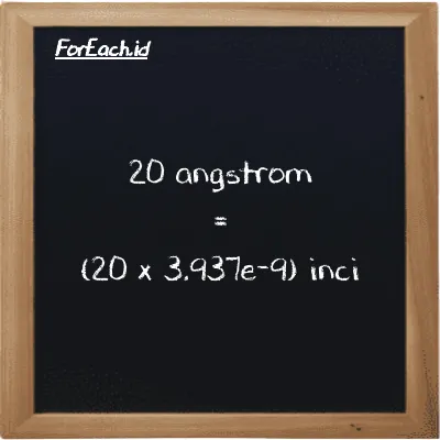 Cara konversi angstrom ke inci (Å ke in): 20 angstrom (Å) setara dengan 20 dikalikan dengan 3.937e-9 inci (in)