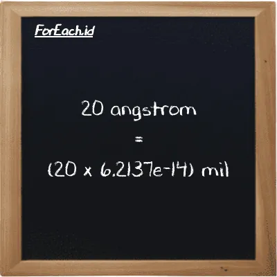 Cara konversi angstrom ke mil (Å ke mi): 20 angstrom (Å) setara dengan 20 dikalikan dengan 6.2137e-14 mil (mi)
