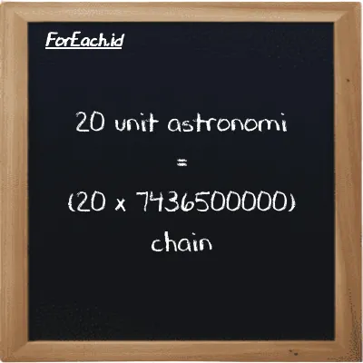 Cara konversi unit astronomi ke chain (au ke ch): 20 unit astronomi (au) setara dengan 20 dikalikan dengan 7436500000 chain (ch)