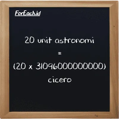 Cara konversi unit astronomi ke cicero (au ke ccr): 20 unit astronomi (au) setara dengan 20 dikalikan dengan 31096000000000 cicero (ccr)