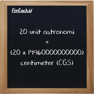 Cara konversi unit astronomi ke centimeter (au ke cm): 20 unit astronomi (au) setara dengan 20 dikalikan dengan 14960000000000 centimeter (cm)