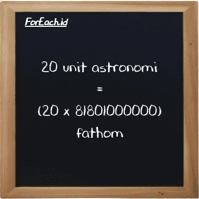 Cara konversi unit astronomi ke fathom (au ke ft): 20 unit astronomi (au) setara dengan 20 dikalikan dengan 81801000000 fathom (ft)