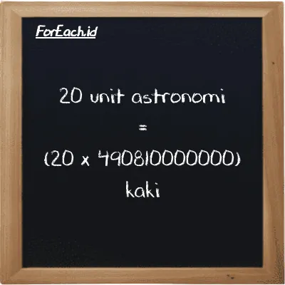 Cara konversi unit astronomi ke kaki (au ke ft): 20 unit astronomi (au) setara dengan 20 dikalikan dengan 490810000000 kaki (ft)