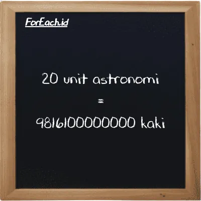 20 unit astronomi setara dengan 9816100000000 kaki (20 au setara dengan 9816100000000 ft)
