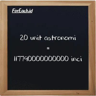 20 unit astronomi setara dengan 117790000000000 inci (20 au setara dengan 117790000000000 in)