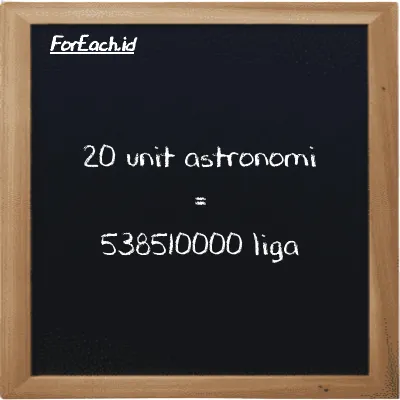 20 unit astronomi setara dengan 538510000 liga (20 au setara dengan 538510000 lg)