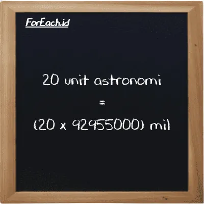 Cara konversi unit astronomi ke mil (au ke mi): 20 unit astronomi (au) setara dengan 20 dikalikan dengan 92955000 mil (mi)