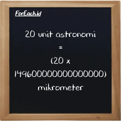 Cara konversi unit astronomi ke mikrometer (au ke µm): 20 unit astronomi (au) setara dengan 20 dikalikan dengan 149600000000000000 mikrometer (µm)
