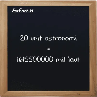 20 unit astronomi setara dengan 1615500000 mil laut (20 au setara dengan 1615500000 nmi)