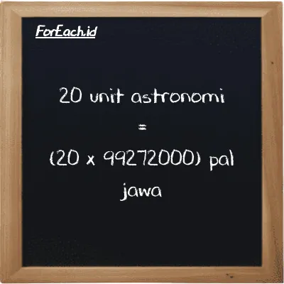 Cara konversi unit astronomi ke pal jawa (au ke pj): 20 unit astronomi (au) setara dengan 20 dikalikan dengan 99272000 pal jawa (pj)