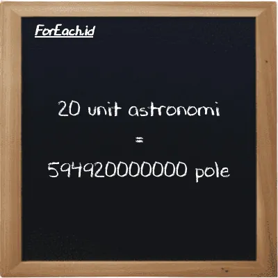 20 unit astronomi setara dengan 594920000000 pole (20 au setara dengan 594920000000 pl)