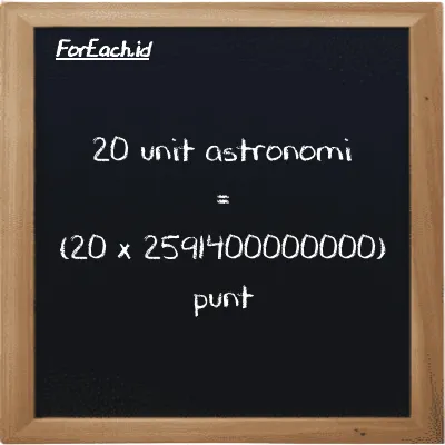 Cara konversi unit astronomi ke punt (au ke pnt): 20 unit astronomi (au) setara dengan 20 dikalikan dengan 2591400000000 punt (pnt)