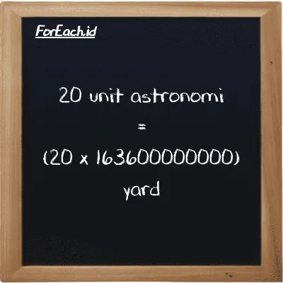 Cara konversi unit astronomi ke yard (au ke yd): 20 unit astronomi (au) setara dengan 20 dikalikan dengan 163600000000 yard (yd)