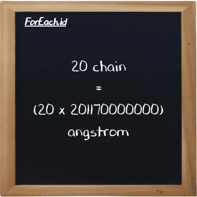 Cara konversi chain ke angstrom (ch ke Å): 20 chain (ch) setara dengan 20 dikalikan dengan 201170000000 angstrom (Å)