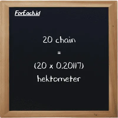 Cara konversi chain ke hektometer (ch ke hm): 20 chain (ch) setara dengan 20 dikalikan dengan 0.20117 hektometer (hm)